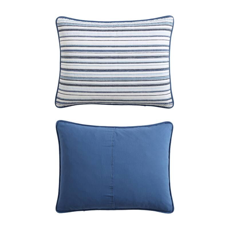 Nautica Pembrook Classic Stripes With Solid Reverse Cotton Quilt (Blue, 3 Piece Set)