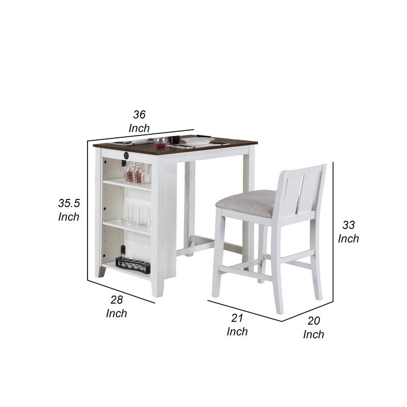 Ham 3 Piece Counter Height Compact Dining Table, Chair Set, White Wood