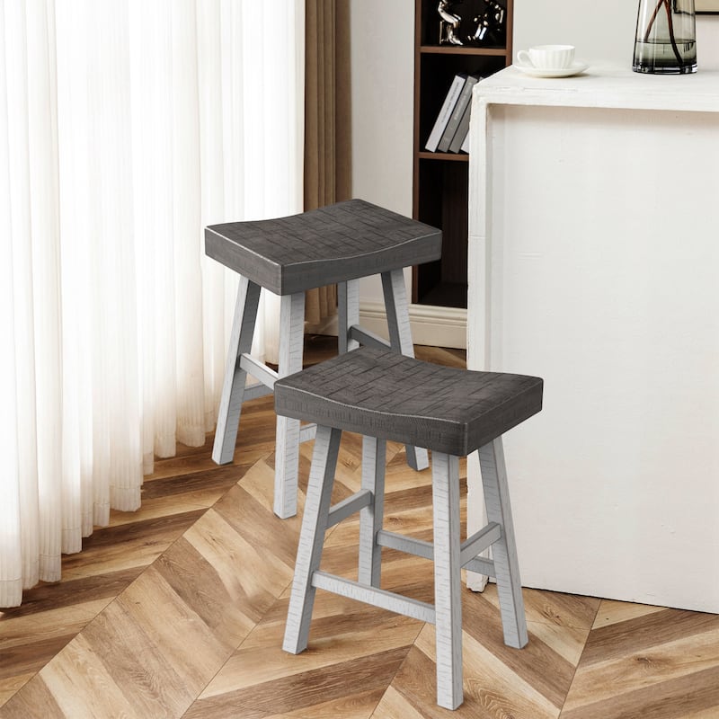 24" Farmhouse Gray Solid Wood Backless Set of 2 Saddle Stool