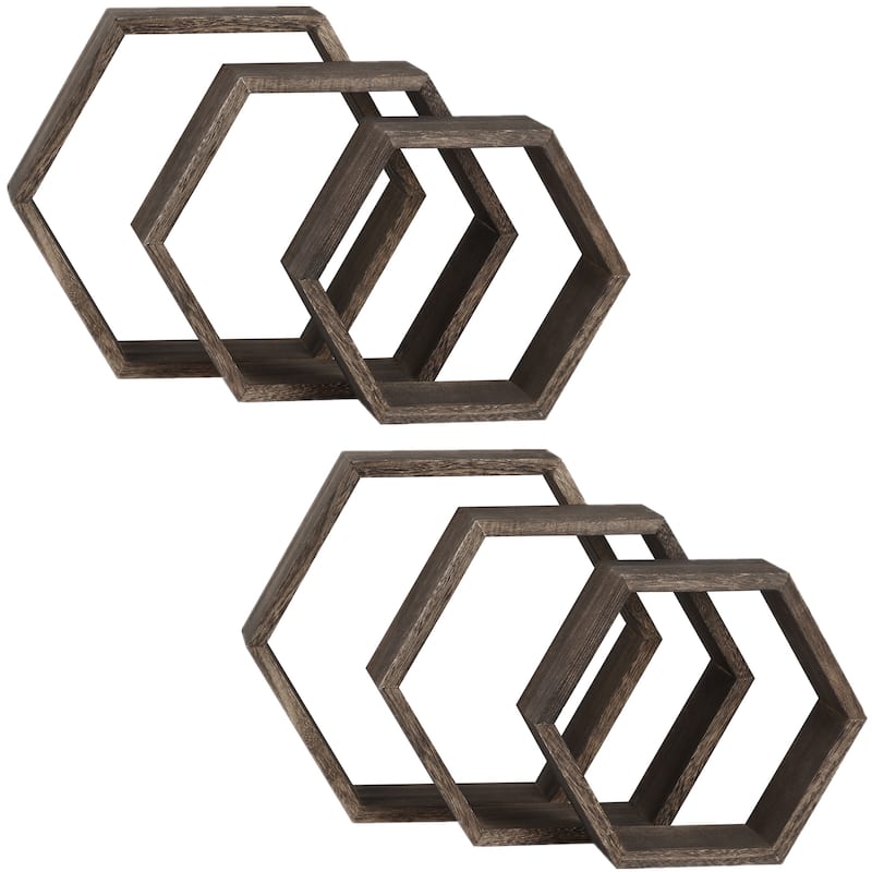 Set of 6 Wooden Hexagon Rustic Floating Shelves in Deep Natural Wood