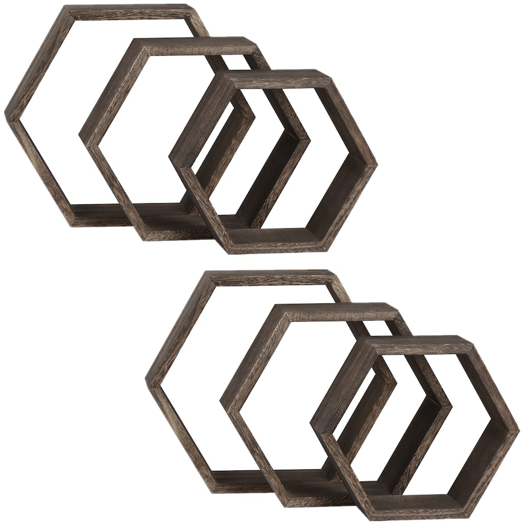 Set of 6 Wooden Hexagon Rustic Floating Shelves in Deep Natural Wood