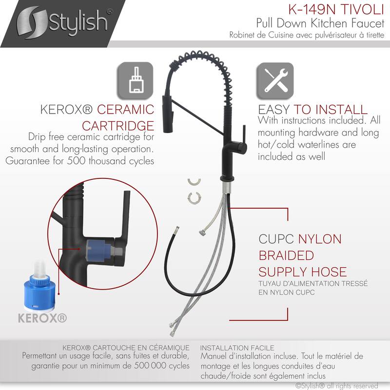 STYLISH Stainless Steel Single Handle Pull Down Sprayer Kitchen Faucet - Faucet Height: 16 3/4" | Spout Height: 7 1/2"