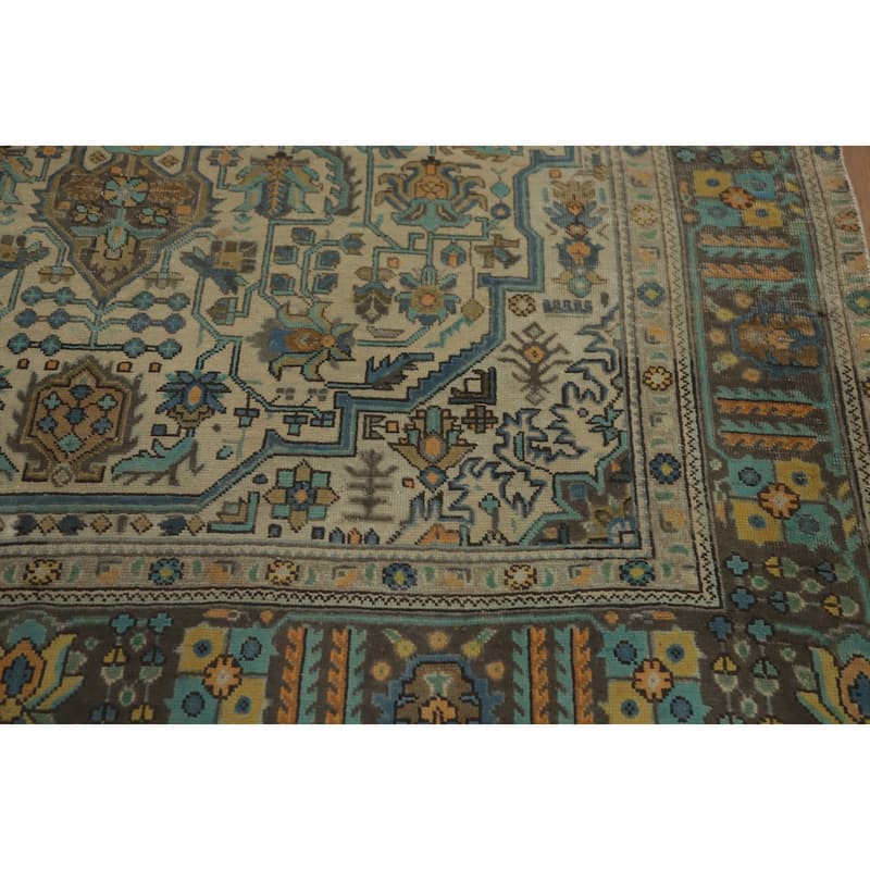 Hand Knotted Oriental 100% Wool Carpet Traditional Floral Beige & Ivories Tabriz Area Rug - 9' 6'' X 6' 8''