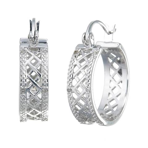 1/20 cttw Checkerboard Diamond Hoop Earrings Brass with Rhodium Plating 1/2 Inch