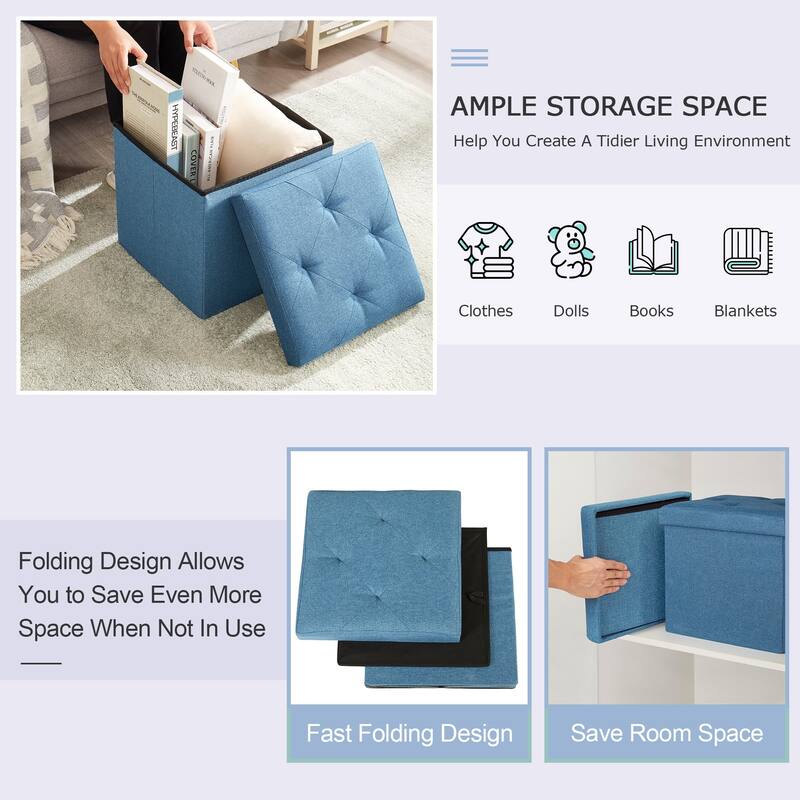 Javlergo 15" Foldable Storage Ottoman, Tufted Linen Foot Rest Stool/Seat Toy Chest