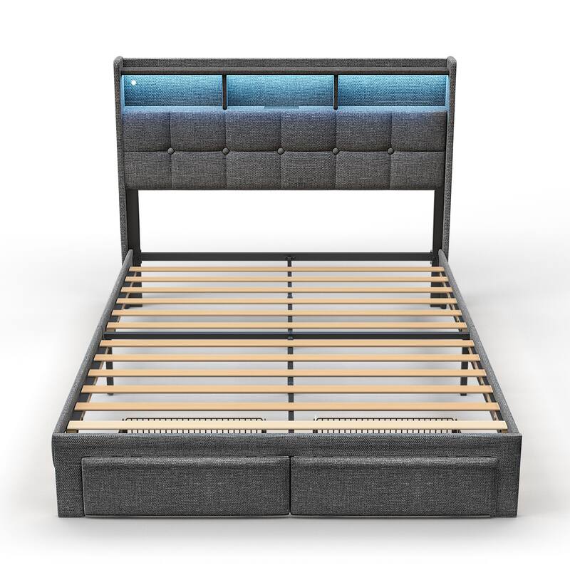 King Size Upholstered Platform Bed with LED Lights, Charging Station & Storage Headboard, No Box Spring Needed