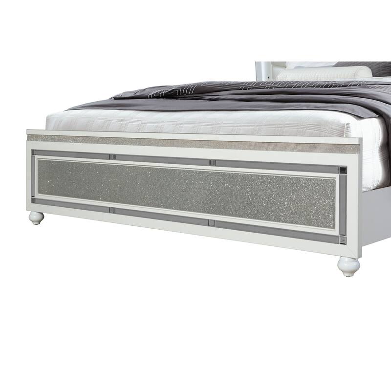 HomeRoots White and Silver Faux Crystal Bling Wood And Upholstery Lighted King Bed Frame
