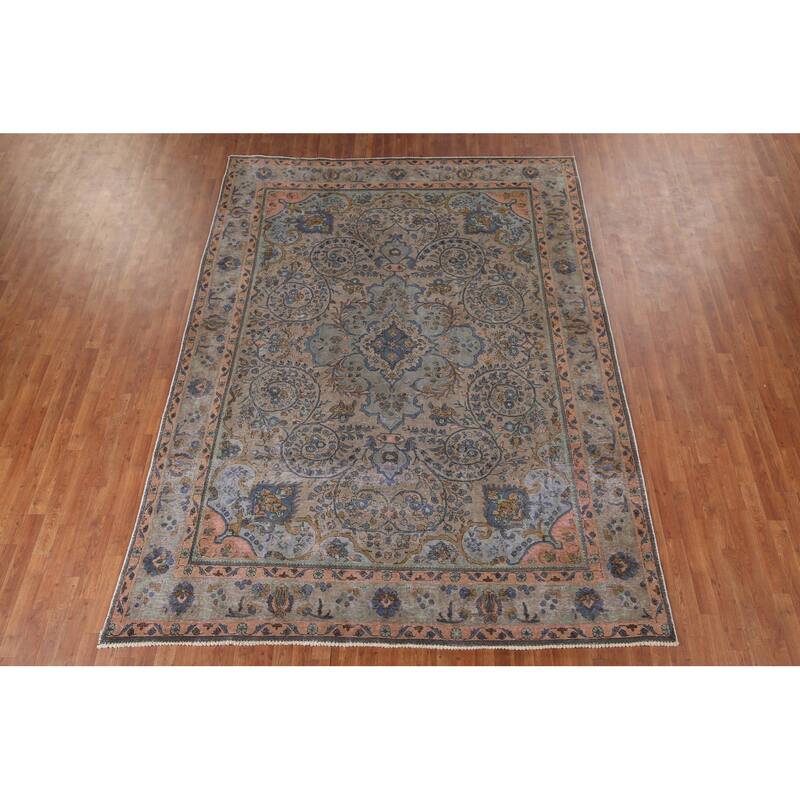 Distressed Tabriz Persian Antique Area Rug Handmade Wool Carpet - 8'0" x 10'9"