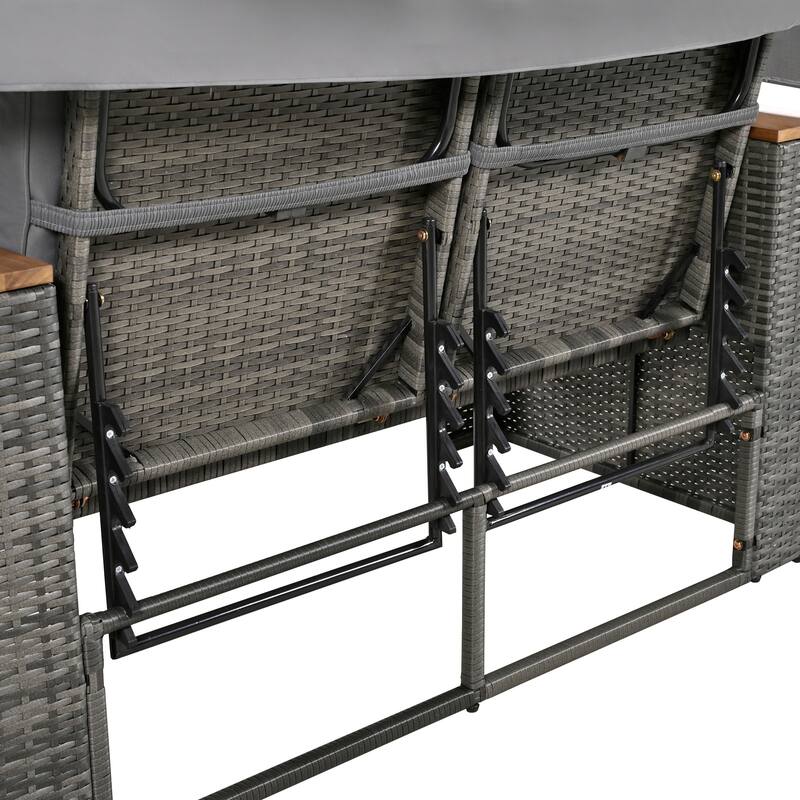 2-Piece Outdoor Patio Rattan Canopy Daybed Sunbed with 5 Positions Adjustable Backrest and Storage Bench