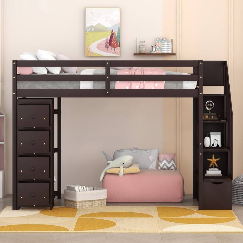 Twin-Size Loft Bed with 4 Drawers and Storage Stairs, Solid Wood Twin High Loftbed Bedframe with Shelves for Kids Teens/Bedroom - Espresso - Twin