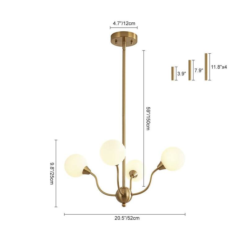 Art Deco 4-Light Opal Glass Globe Sputnik Chandelier 20.5in