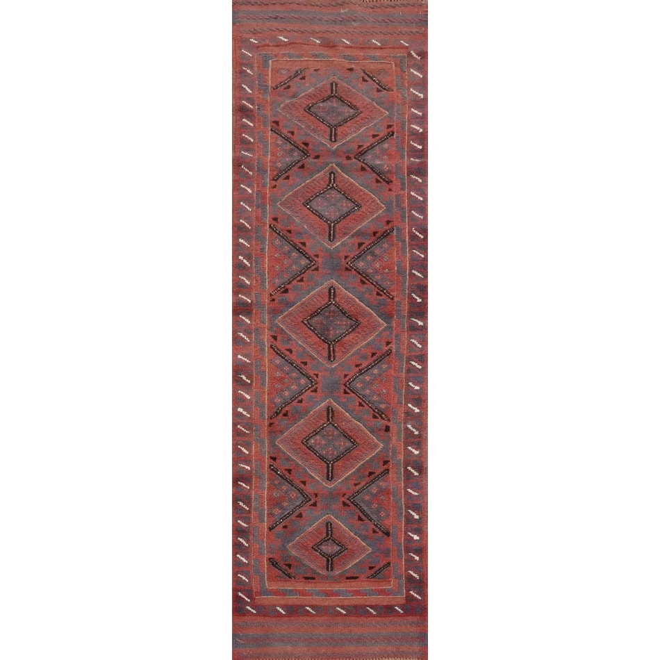 Hand Knotted Oriental 100% Wool Carpet Traditional Tribal Navy Blue & Blues Balouch Runner Rug - 7' 9'' X 1' 9''