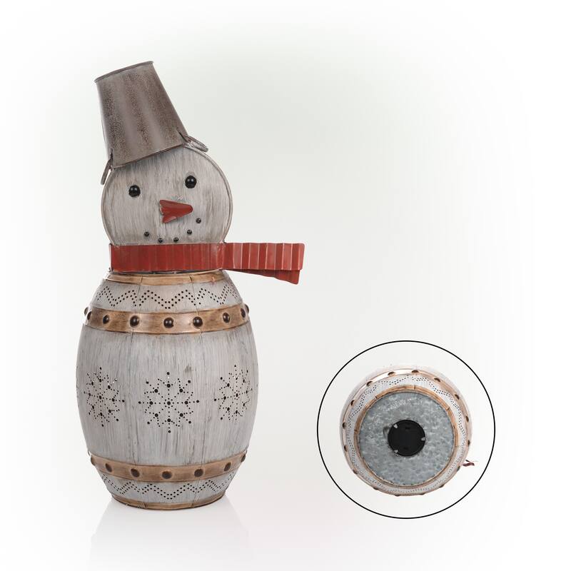 Alpine Corporation 30"H Indoor/Outdoor Metal Barrel Snowman Christmas Holiday Decoration with LED Lights - Silver