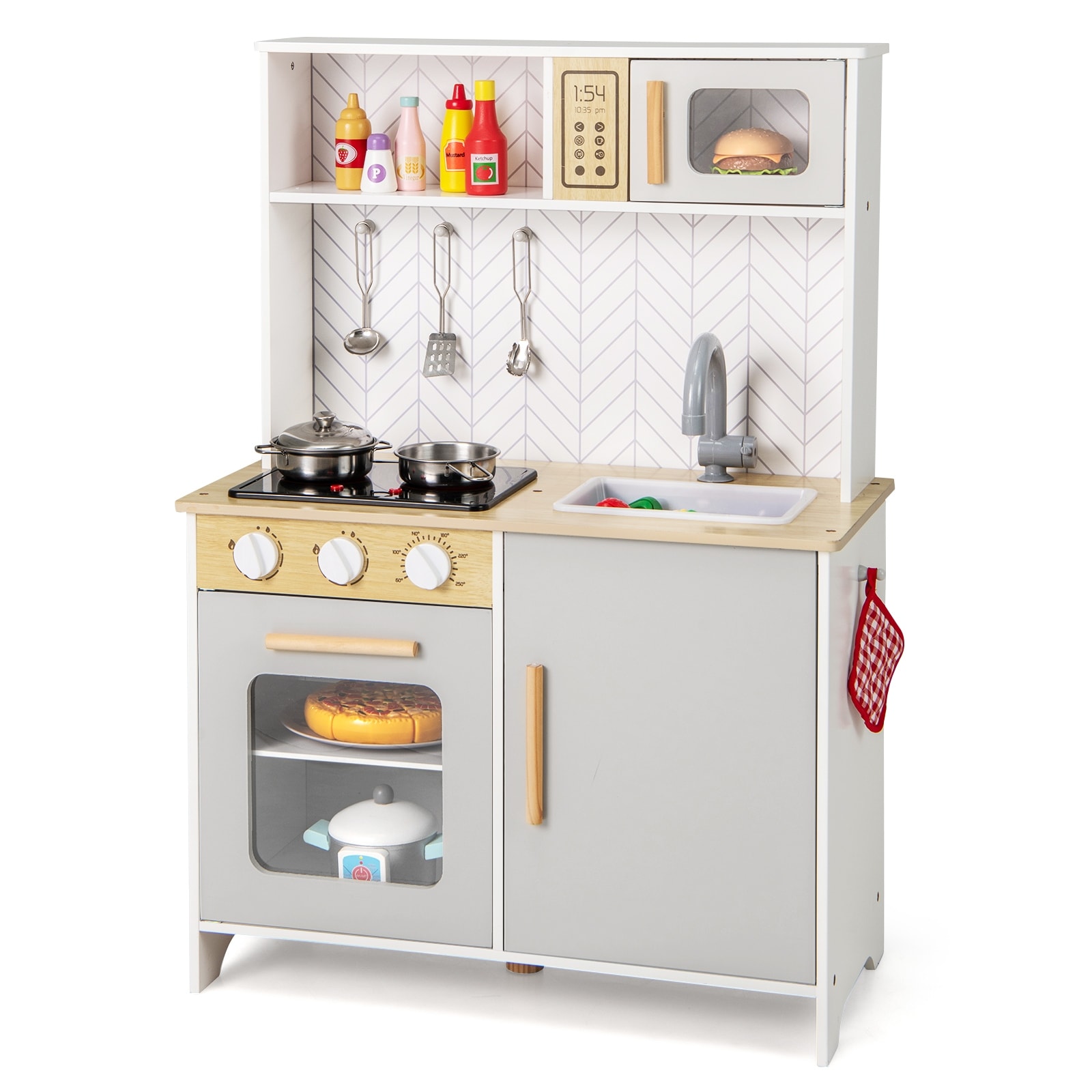 Wooden Kitchen Toy Set with Stove, Sink and Cooking Accessories