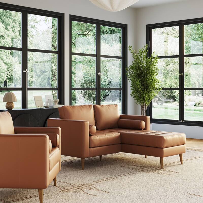Breeze Mid Century Modern Sofa, Leather Couch with Tufted Cushion and Solid Wood Frame