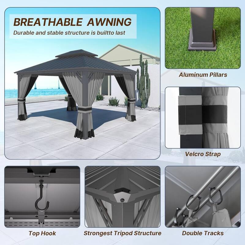 Kullavik Hardtop Gazebo w/ Galvanized Steel Roof & Aluminum Frame, New Outdoor Canopy w/ Mosquito Net & Curtain, Patio Pergola