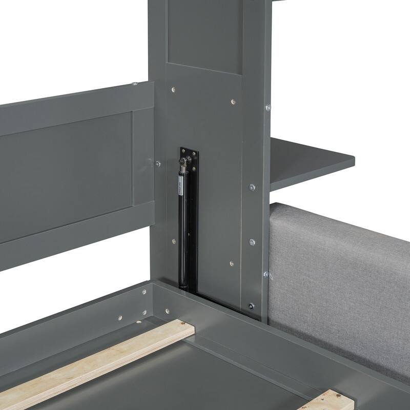 Queen Size Murphy Bed with Sofa, Folding Bed Frame Cabinet Wall Bed with Shelves and Top Lights