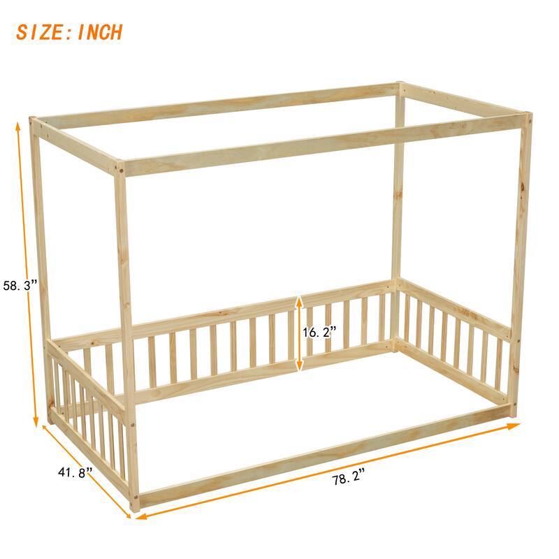 Twin Size Wooden Canopy Floor Bed with Safety Guardrails, Natural Finish
