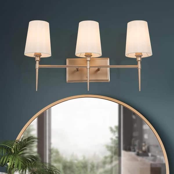 slide 2 of 17, Barr Mid-Century Modern Gold Bathroom Vanity Light Dimmable Fabric Wall Sconces 3-Light L23"