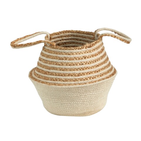 14" Boho Chic Belly Basket Natural Jute and Cotton Basket Planter, Cream Cotton Bottom Natural Top with Handles
