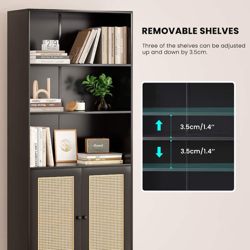 Tall Bookcase with Rattan Doors,5 Tier Storage Wood Shelves Large Bookshelf for Library Living Room Bedroom Home Office