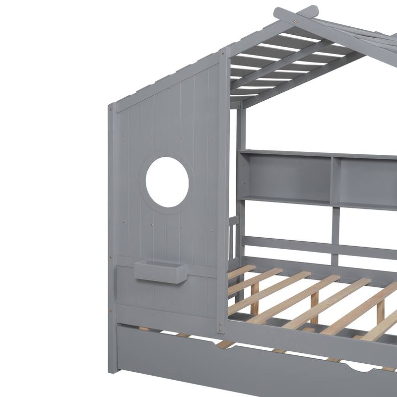 Gray Full Size Wooden House Bed With Trundle, Modern Design for Kids with Storage Shlef