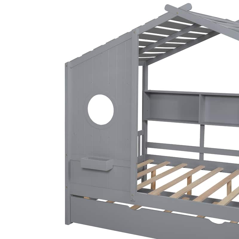 Modern Twin House Bed with Trundle and Built-in Shelves, White