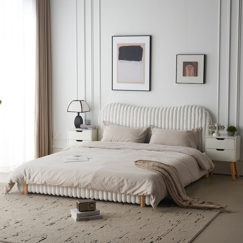 Elegant White Boucle Upholstered King Bed with Wavy Headboard