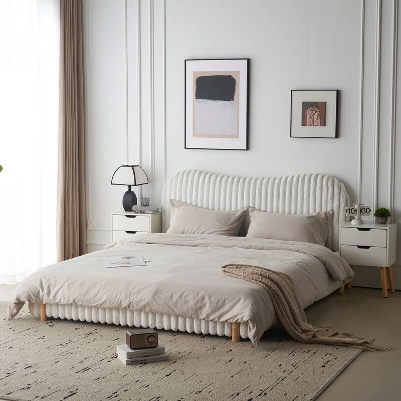 Queen Size Upholstered Bed with Wavy Headboard and Vertical Stitching in White Boucle Fabric