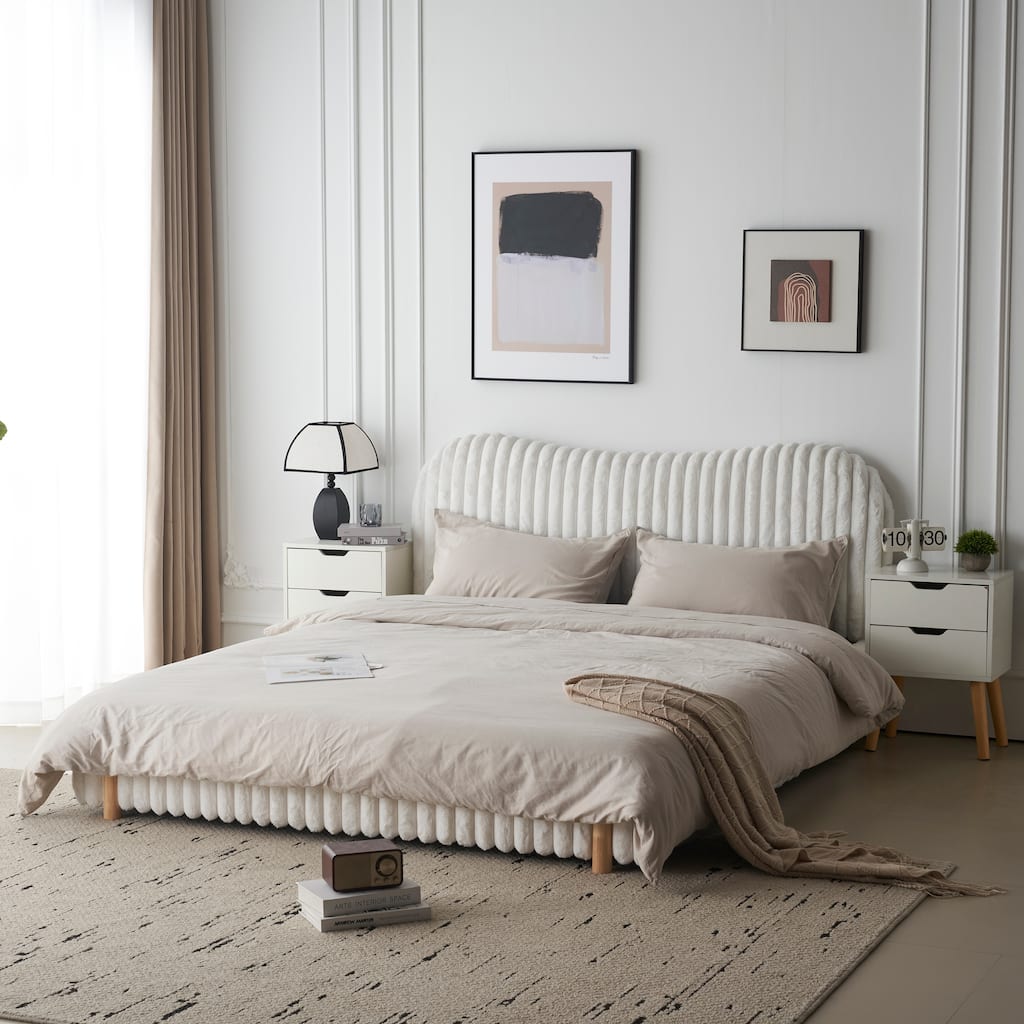 Sleek White Boucle Upholstered Bed with Wavy Headboard