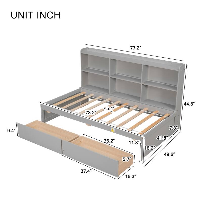 Bed with Side Bookcase, Drawers