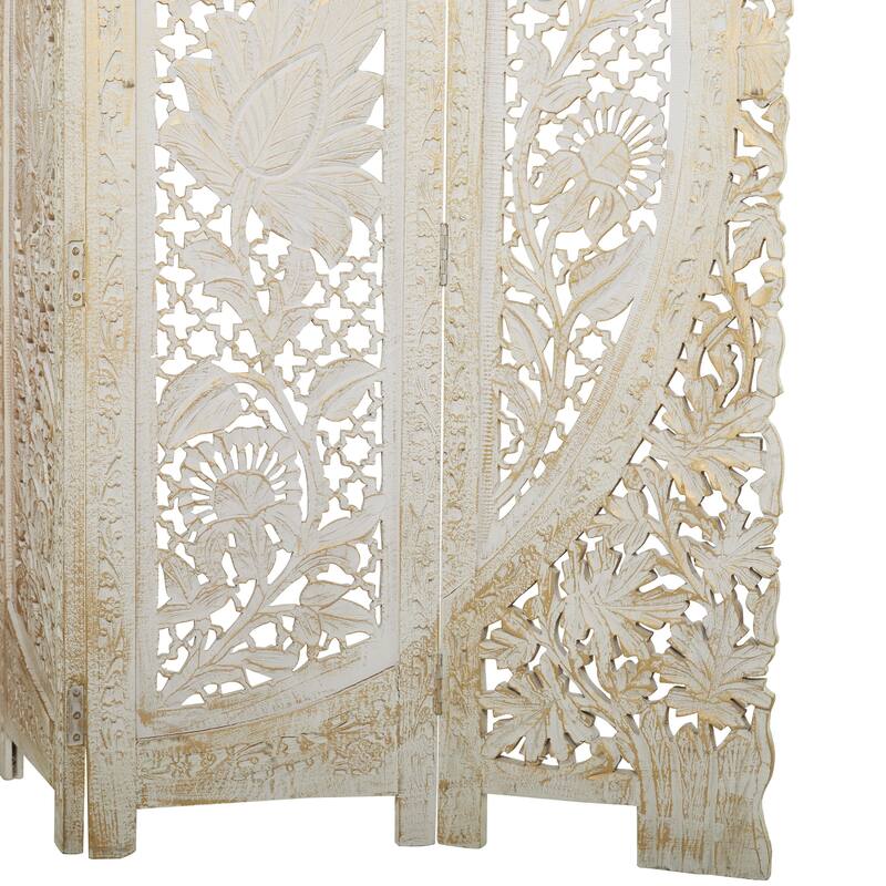 Wood Floral Handmade Foldable Arched 4 Panel Room Divider Screen with Intricately Carved Designs - White - Roche River Decor