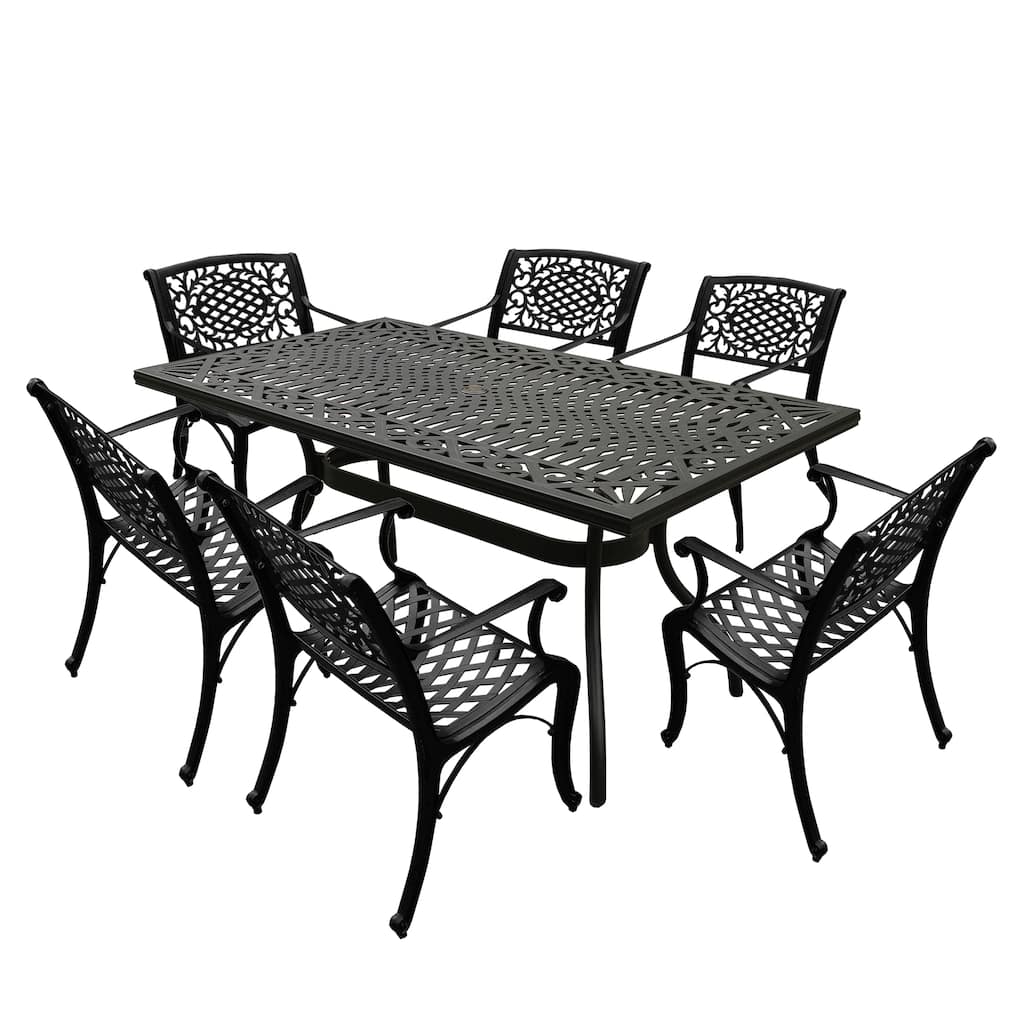 Modern Ornate Outdoor Mesh Aluminum 68-in Rectangular Patio Dining Set with Six Chairs
