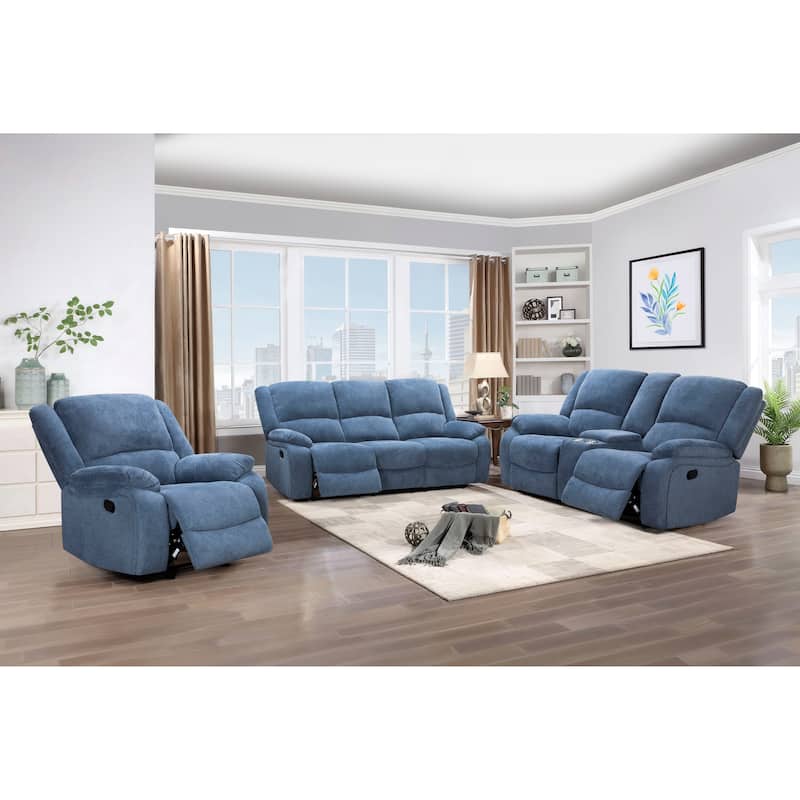Roundhill Furniture Blitz Transitional 3-Piece Living Room Reclining Set, Sofa Loveseat and Recliner - Blue