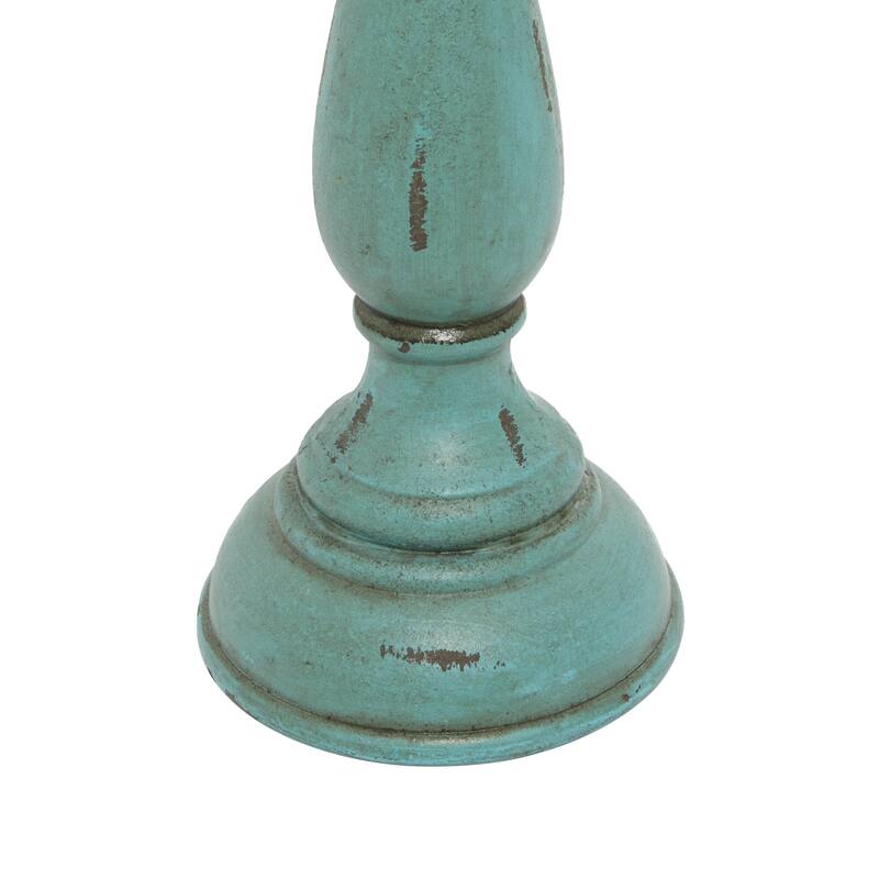 Teal Wooden Distressed Turned Decorative Candle Holder (Set of 3)