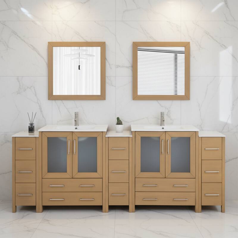 Vanity Art 96" Double Sink Bathroom Vanity Set 13 Dove-Tailed Drawers 5 Cabinets 2 Shelves, Soft-Closing Doors with Free Mirror - Natural Oak