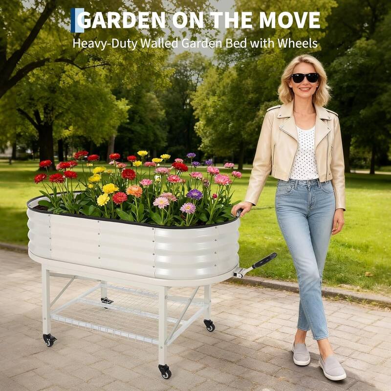 Galvanized Raised Garden Bed, Steel Planter Boxes with Wheels and Rack