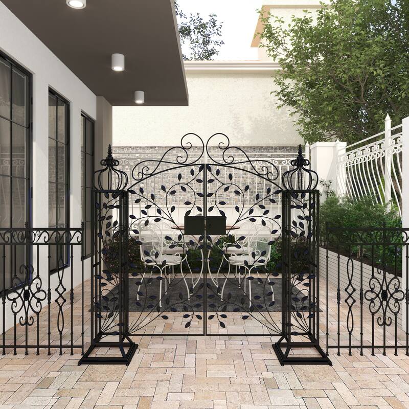 Black Metal Indoor Outdoor Scrollwork Arched Gate Garden Arbor with Vines and Latch Lock Closure