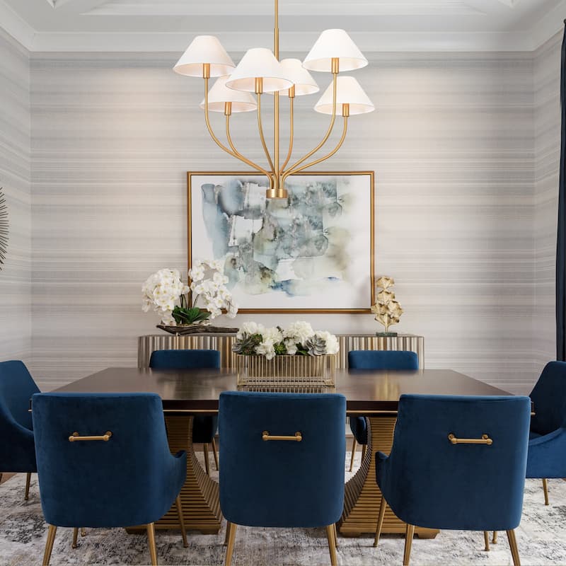 6-Light Modern Gold/Matte Black Sputnik Staggered Large Chandelier with Cone White Fabric Shade