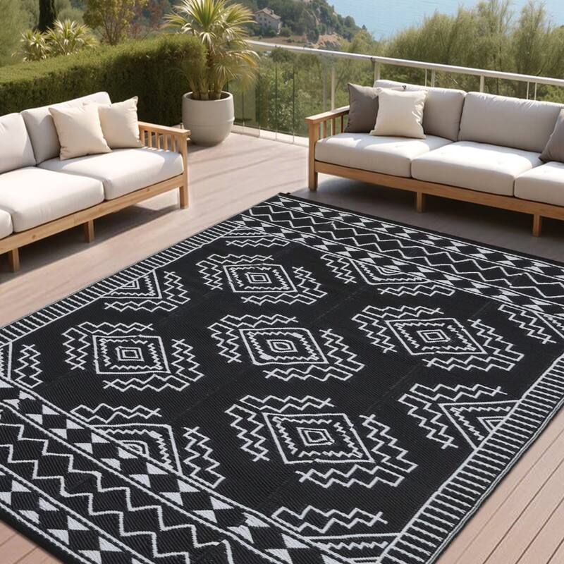 Outdoor Rug Waterproof Boho Geometric Patio Rug Mat Reversible Plastic Straw Rug Outside Outdoor Area Rug - 9'x18' - Black White