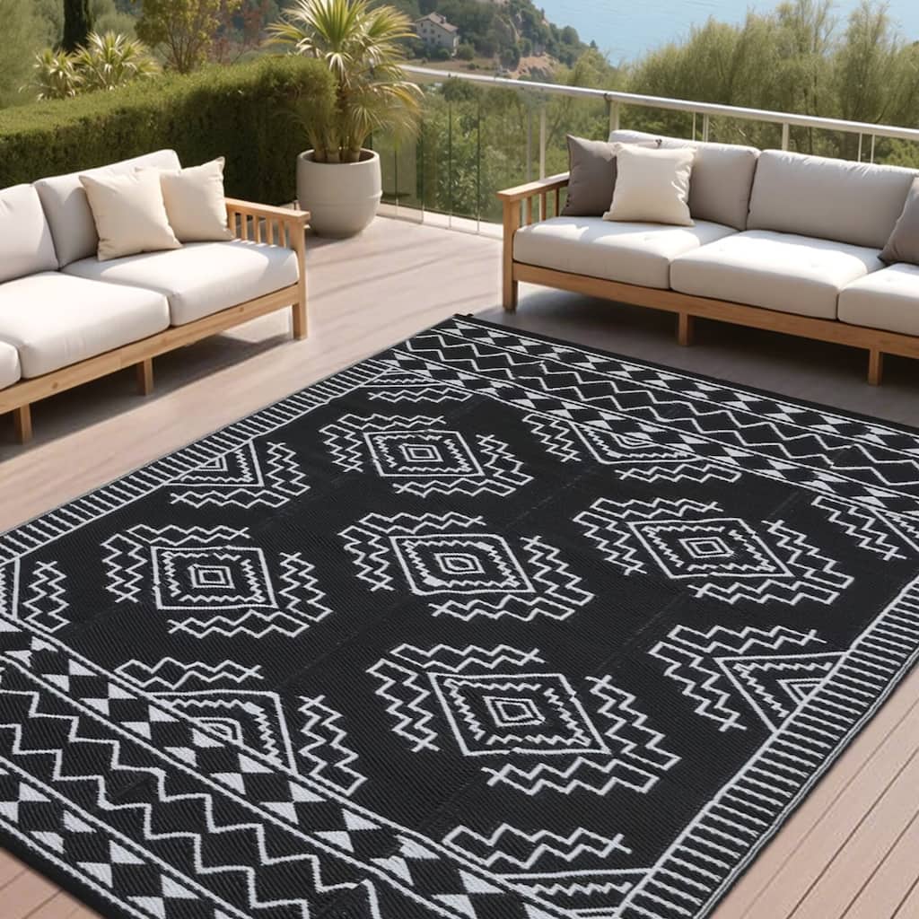 Outdoor Rug Waterproof Boho Geometric Patio Rug Mat Reversible Plastic Straw Rug Outside Outdoor Area Rug
