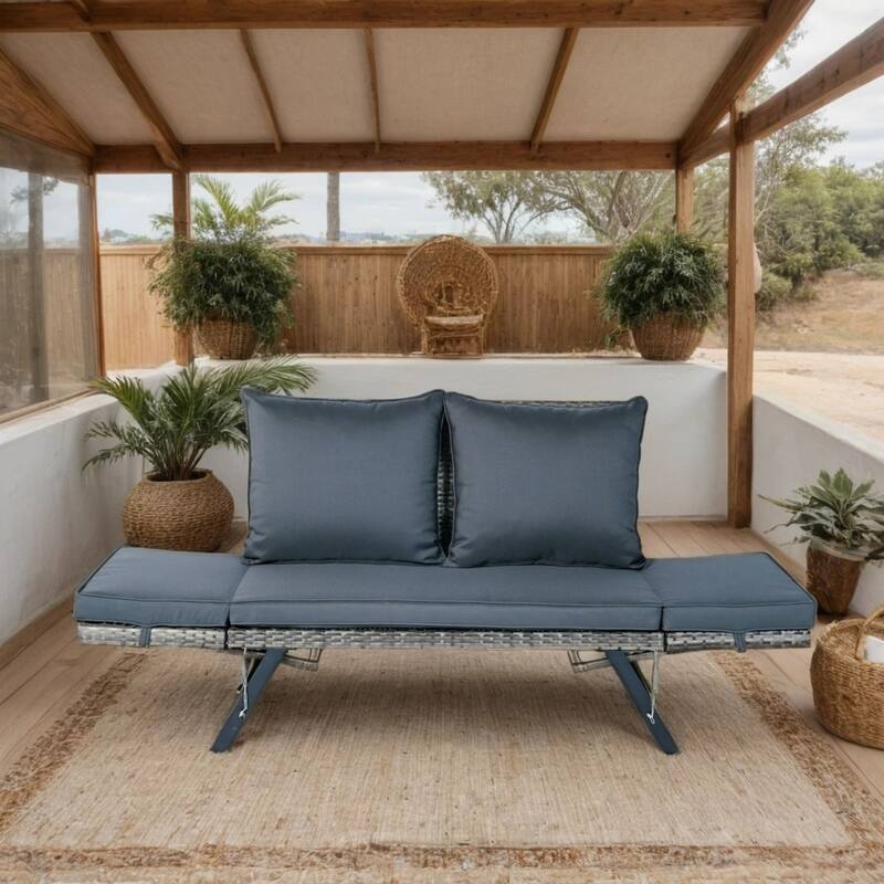 Grey Wicker Foldable Bench Patio Backyard Conversation Set