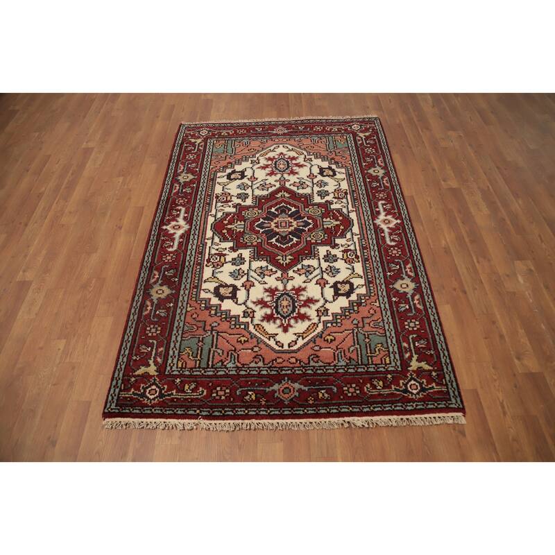 Hand Knotted Oriental 100% Wool Carpet Traditional Medallion Beige & Ivories Heriz (serapi) Area Rug - 5' 10'' X 4' 0''