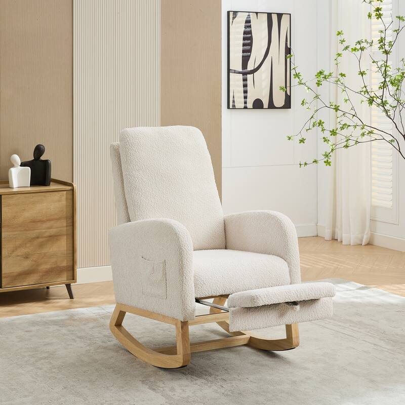25.4"W Rocking Chair, High Back Glider Chair with Retractable Footrest, Side Pocket, Rocking Accent Armchair with Wood Legs