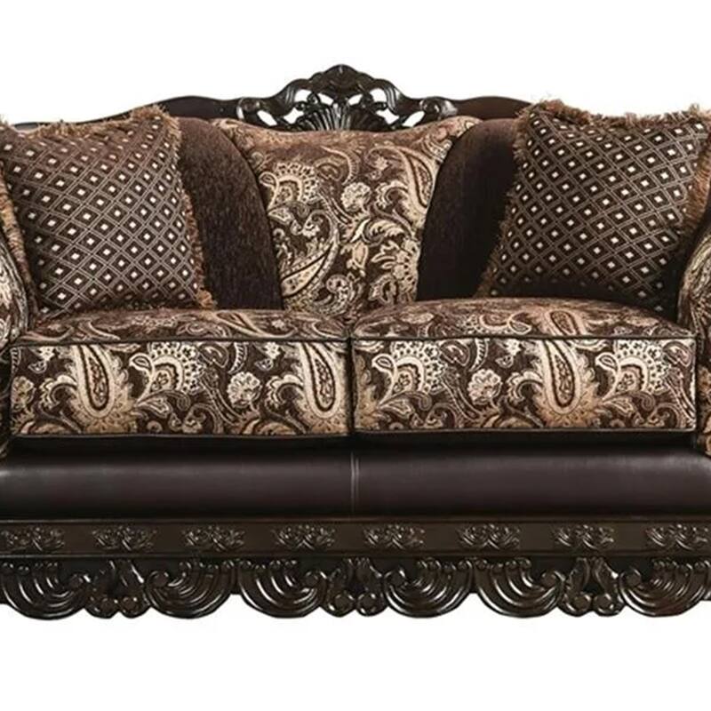 Delie 2pc Sofa Loveseat Set, Brown Gold Chenille, 4 Accent Pillows