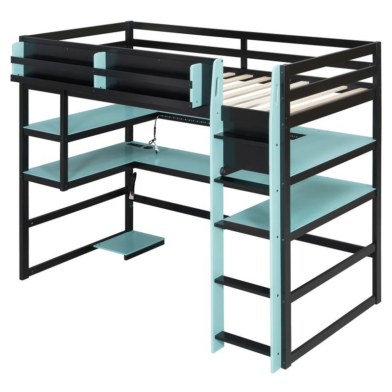 Loft Bed with Wraparound Study Hub, Side Storage Rack, USB Charging & RGB Light by Harper&Bright Designs