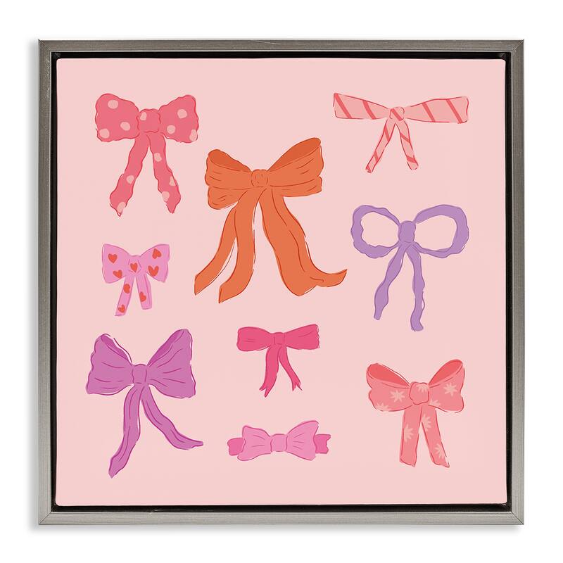Stupell Stylish Fashion Bows on Pink Framed Floater Canvas Wall Art Design By Sazerelli Designs - 18 x 18 - Grey