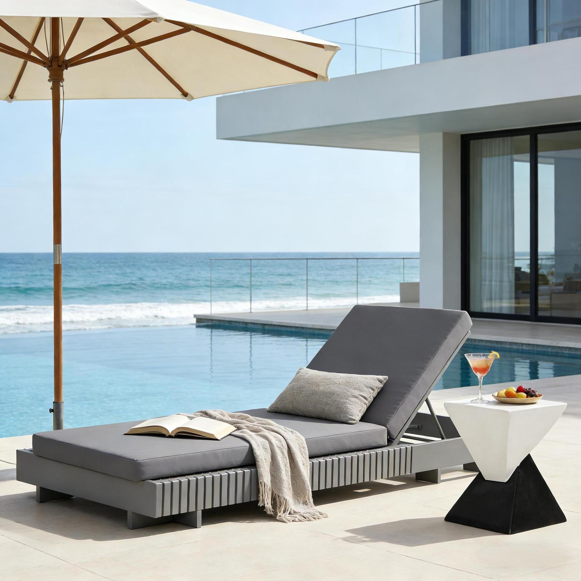Roomfitters Outdoor Lounge Chaise Set with Adjustable Backrest Slatted Acacia Frame and Geometric Side Table, Dark Grey
