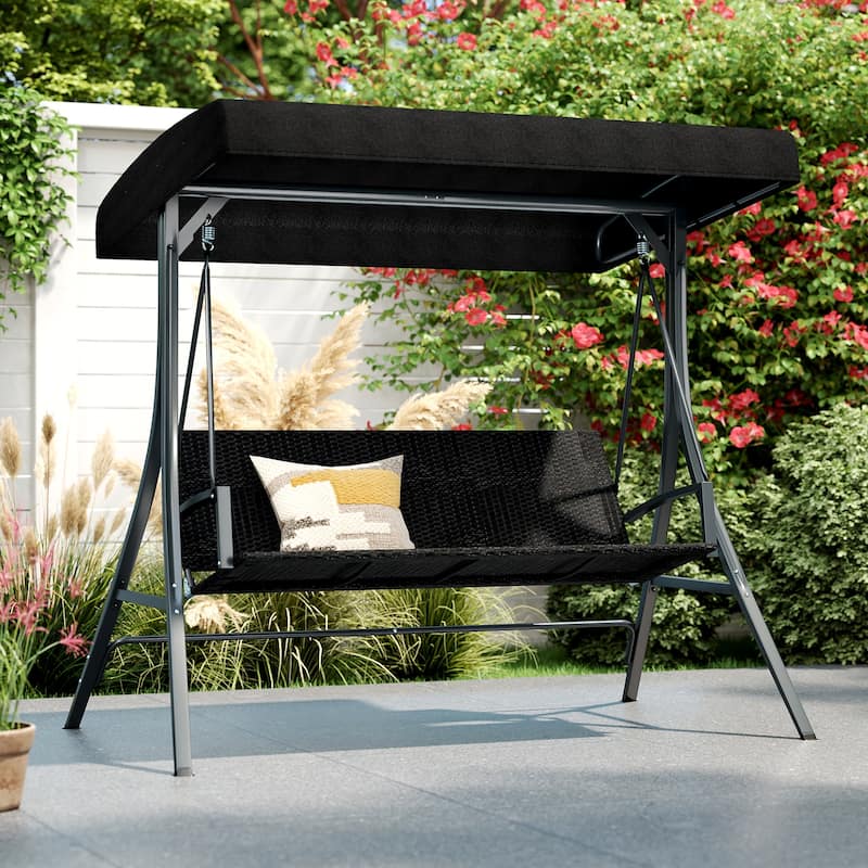 3-Person Porch Swing with Stand Outdoor Canopy Swing with Rattan Seat Back-Black - Multi