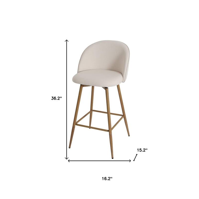 HomeRoots 27" Beige and Oak Fabric and Metal Low Back Counter Height Swivel Bar Chair